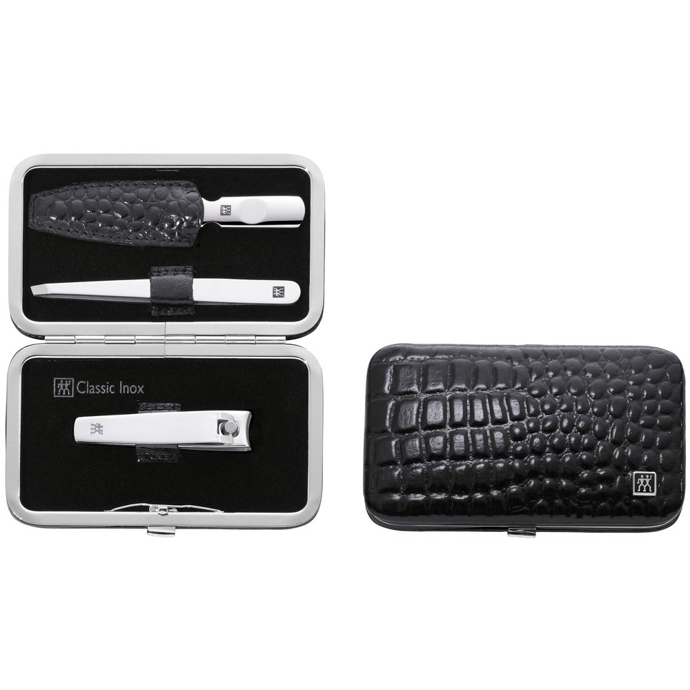 ZWILLING Manicure Set Pedicure kit, Nail Care Complete Set, Cowhide, Croco Edition, 3 Pieces, Black