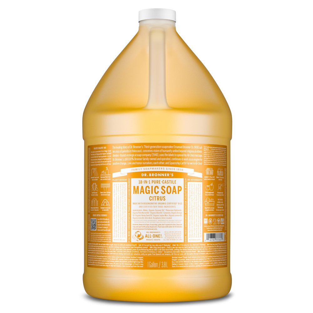 Dr. Bronner's Pure-Castile Magic Soap Liquid (Citrus, 1 Gallon) - Made with Regenerative Organic Certified Oils, 18-in-1 Uses: Face, Body, Hair, Laundry, Pets and Dishes, Concentrated, Vegan, Non-GMO