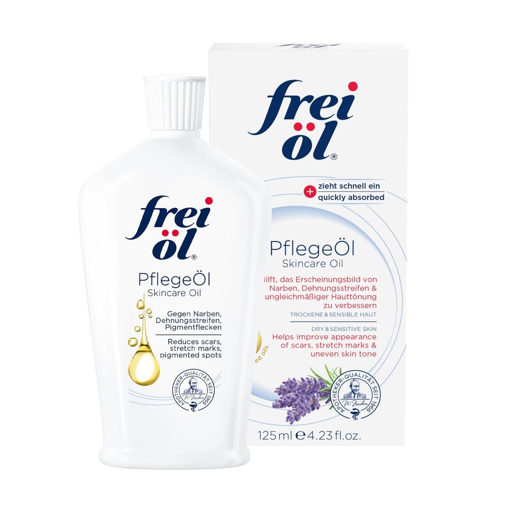 frei l skincare oil  fast absorbing, nourishes skin soft and smooths  excellent as body oil for stretch marks removal and vitamin e oil for scars, microbiome-friendly and vegan, 125 ml / 4.23 Fl Oz