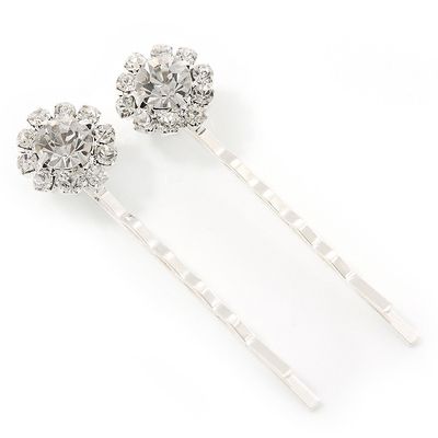 2 Bridal/Prom Crystal Flower Hair Grips/Slides In Rhodium Plating - 55mm Across