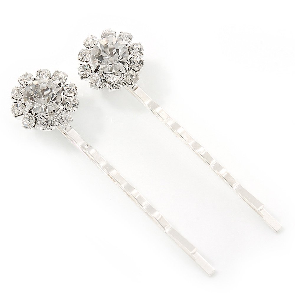 2 Bridal/Prom Crystal Flower Hair Grips/Slides In Rhodium Plating - 55mm Across