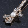 2 Bridal/Prom Long Crystal, Simulated Pearl 'Bow' Hair Grips/Slides In Gold Plating - 85mm Across view 4