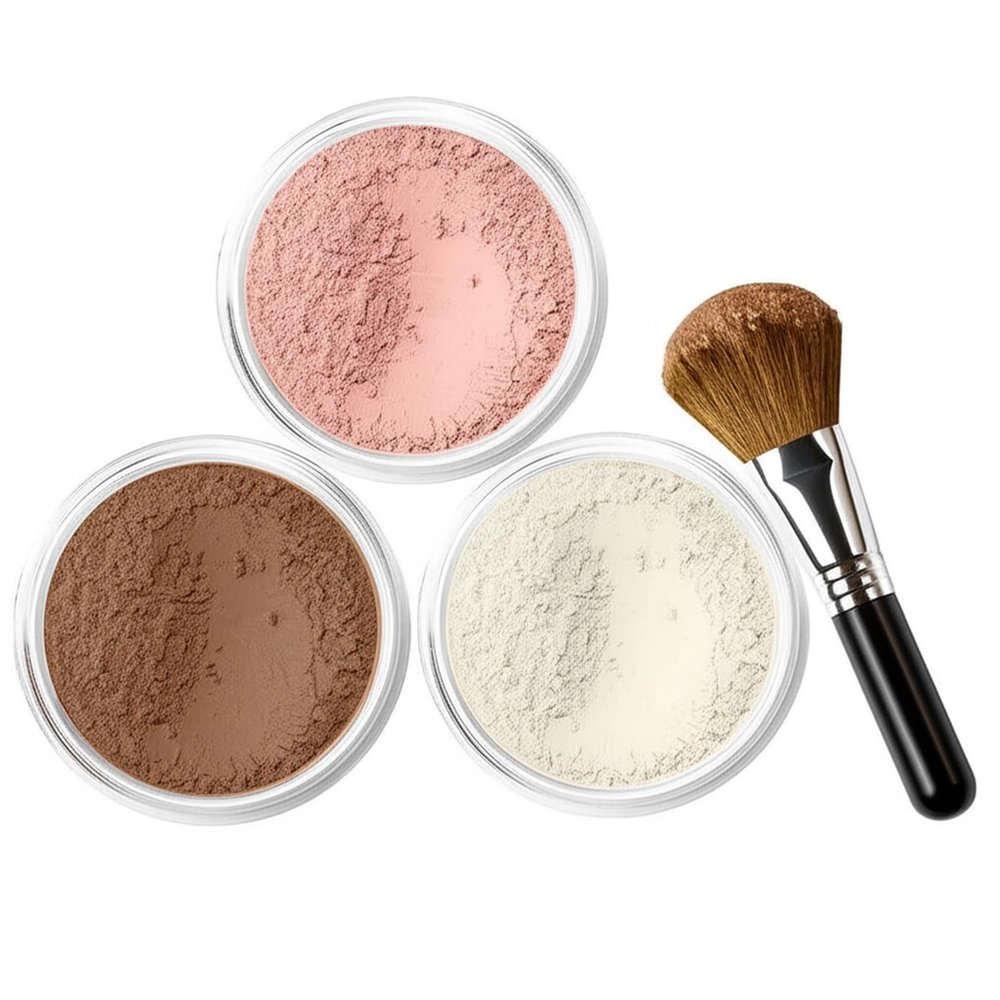 4pc KIT w/FACE BRUSH (COCOA) Mineral Makeup Matte Foundation Set Bare Skin Sheer Blush Illuminating Finishing Powder Cover