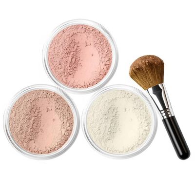 4pc KIT w/FACE BRUSH (LIGHT TAN) Mineral Makeup Matte Foundation Set Bare Skin Sheer Blush Illuminating Finishing Powder Cover