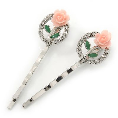 2 Vintage Inspired Crystal 'Rose' Hair Grips/Slides In Rhodium Plating - 50mm Across