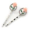 2 Vintage Inspired Crystal 'Rose' Hair Grips/Slides In Rhodium Plating - 50mm Across view 1