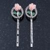 2 Vintage Inspired Crystal 'Rose' Hair Grips/Slides In Rhodium Plating - 50mm Across view 2