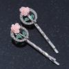 2 Vintage Inspired Crystal 'Rose' Hair Grips/Slides In Rhodium Plating - 50mm Across view 4