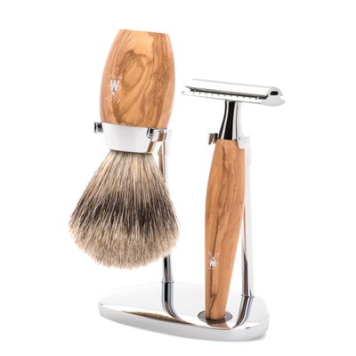 MHLE KOSMO Olive Wood 3-piece Silvertip Fibre Safety Razor Shaving Set