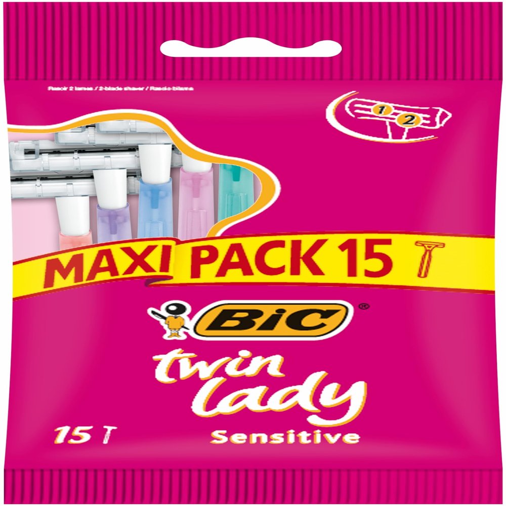 BIC Twin Lady Sensitive Razors, Disposable Razors with Two Blades for a Smooth and Precise Shave, Pack of 15