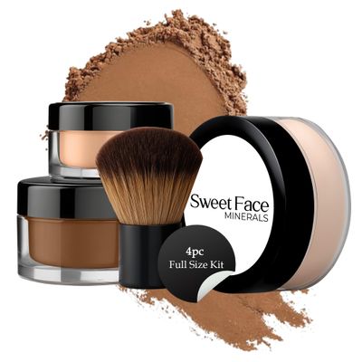 4pc Full Size Kit (Ebony Shade) Mineral Makeup Matte Translucent Loose Foundation + Kabuki Brush + Concealer + Finishing Setting Powder + Bare Face Full Coverage SPF 30 All Skin Types Waterproof