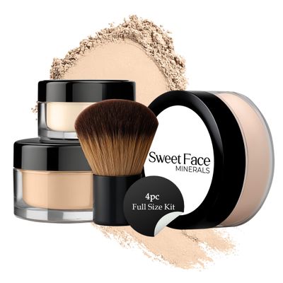 4pc Full Size Kit (Fair 1) Mineral Makeup Matte Translucent Loose Foundation + Kabuki Brush + Concealer + Finishing Setting Powder + Bare Face Full Coverage SPF 30 All Skin Types Waterproof