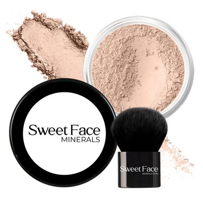 2pc FOUNDATION with KABUKI BRUSH Mineral Makeup (LIGHT) Matte Loose Powder Bare Face Cosmetics Full Coverage Long Lasting All Skin Types SPF 18