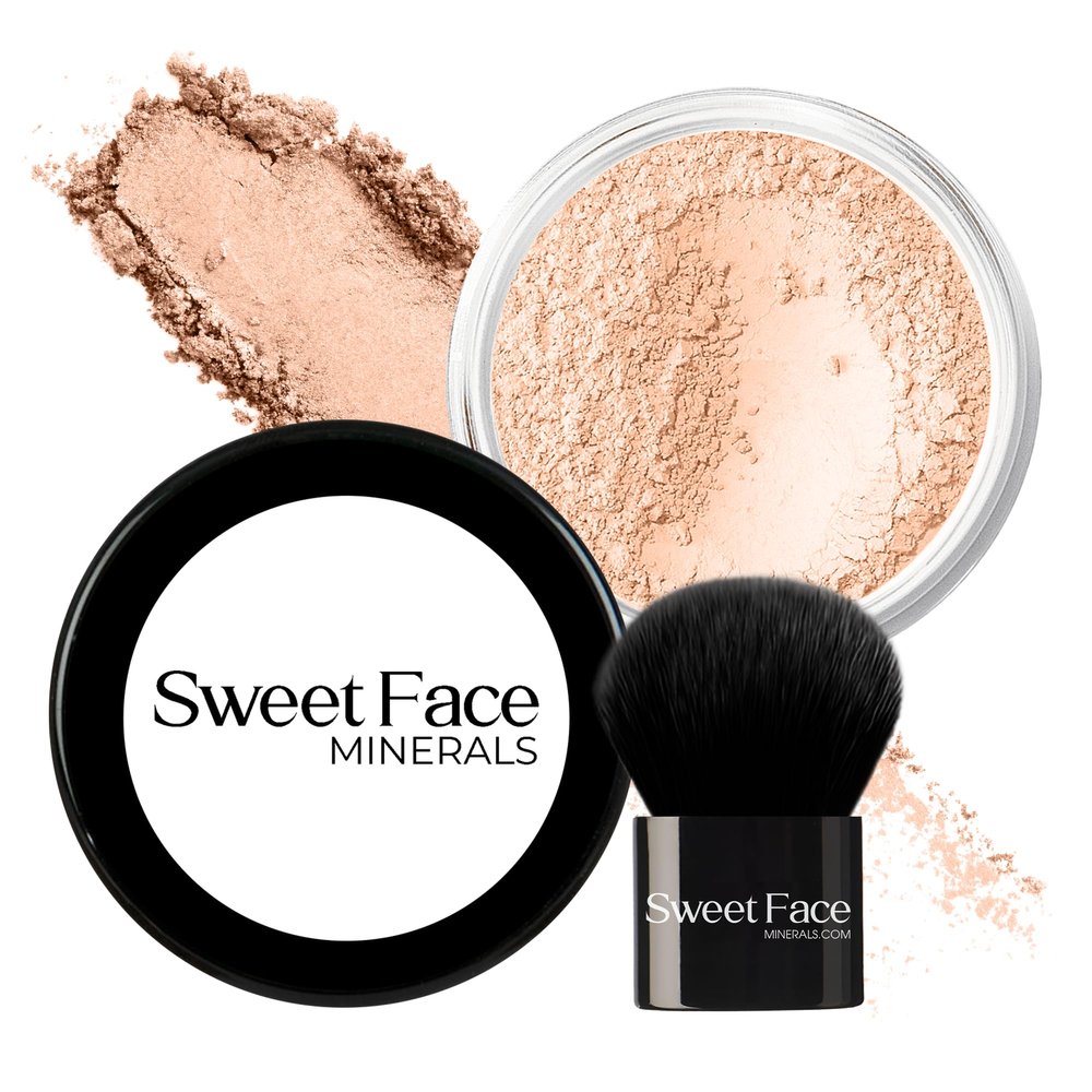 2pc FOUNDATION with KABUKI BRUSH Mineral Makeup (PINK BISQUE) Matte Loose Powder Bare Face Cosmetics Full Coverage Long Lasting All Skin Types SPF 18
