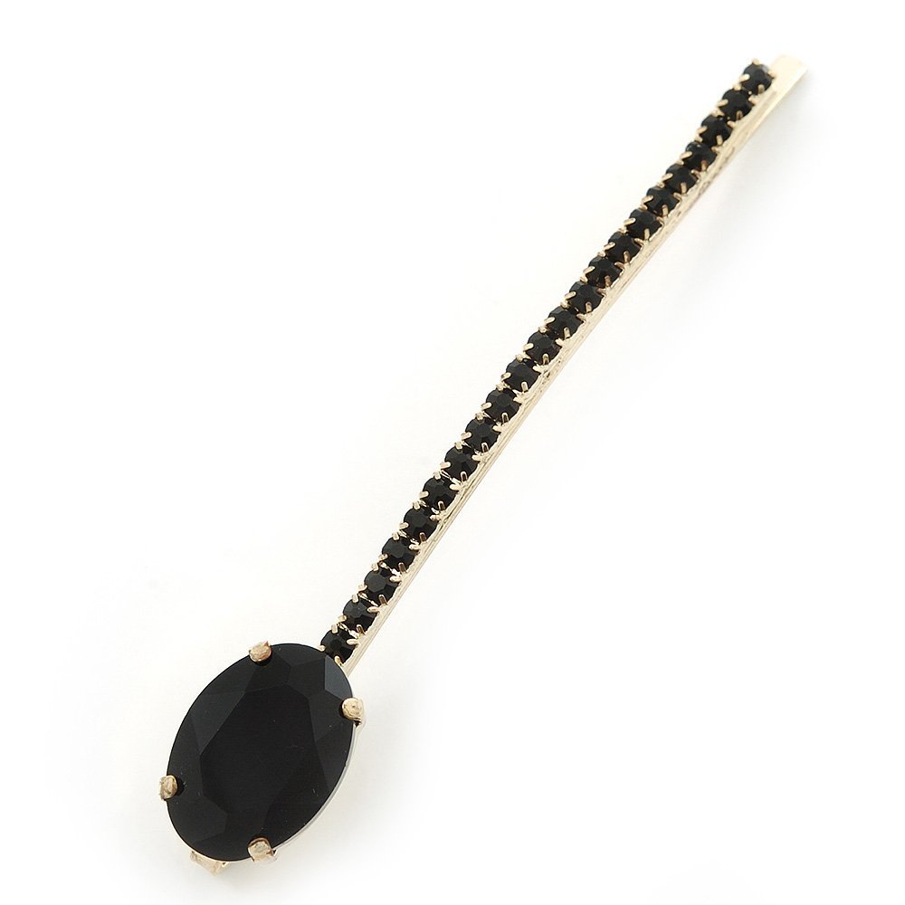 1Pcs Long Black Oval Glass Stone Hair Grip/Slide In Gold Plating - 85mm Across