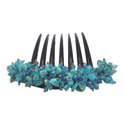 Thai Hair Comb, 4 x 3.5 Inch, Turquoise, Synthetic, Handmade From Thailand, Ornamented Along top of Heading with Stone & Crystal, Ideal for French Twist Hairstyle, Women attending formal events