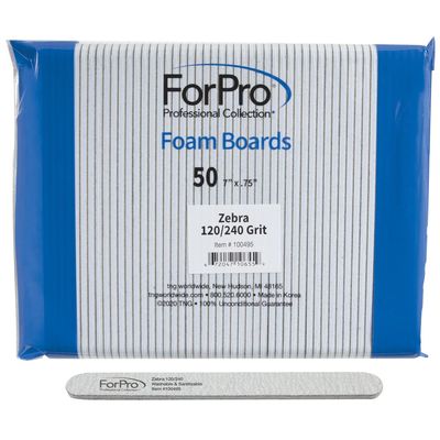 ForPro Zebra Foam Board, 120/240 Grit, Double-Sided Manicure Nail File, 7 L x .75 W 50-Count