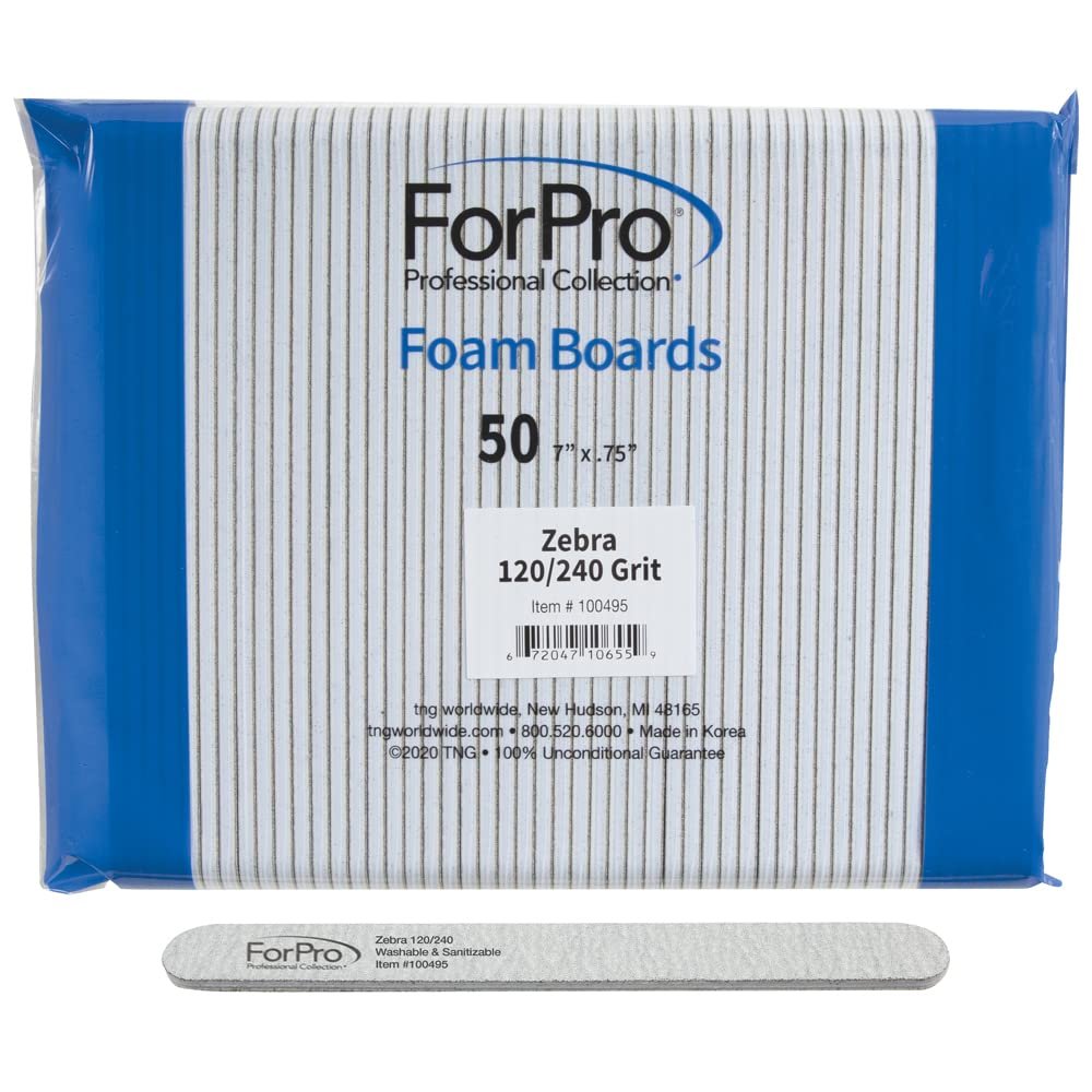 ForPro Zebra Foam Board, 120/240 Grit, Double-Sided Manicure Nail File, 7 L x .75 W 50-Count
