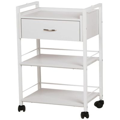 Buy-Rite Jenny Trolley Cart - 3-Tier Rolling Utility Cart for Spas, Estheticians & Salons, White Wood Organizer with Drawer, Open Shelves, Post Holes & Smooth Casters - Model TS-4205