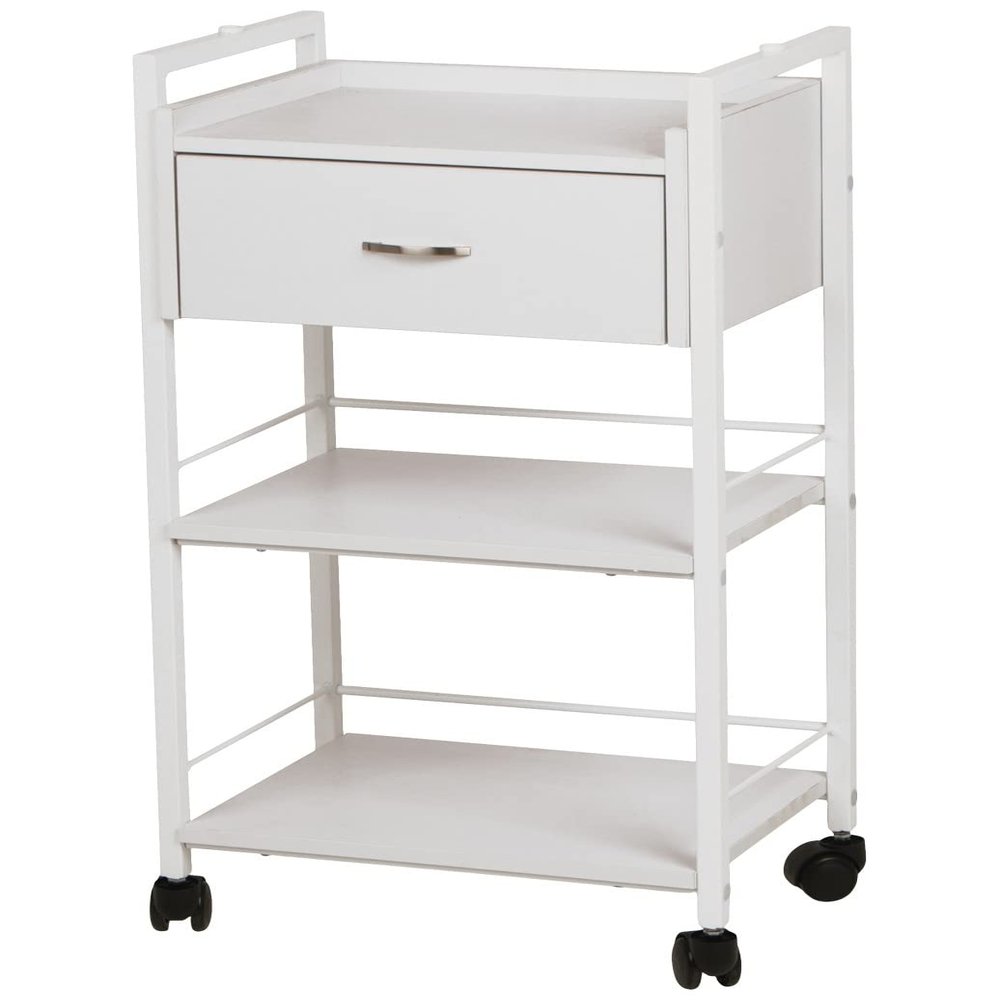 Buy-Rite Jenny Trolley Cart - 3-Tier Rolling Utility Cart for Spas, Estheticians & Salons, White Wood Organizer with Drawer, Open Shelves, Post Holes & Smooth Casters - Model TS-4205