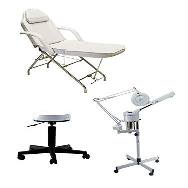 Buy-Rite Silver Facial Spa Package - 2-in-1 Ozone Facial Steamer & Magnifying Lamp, Stationary Facial Bed, White Round Stool - Professional Esthetician Equipment Set, BR-SILVERFACIALSPA
