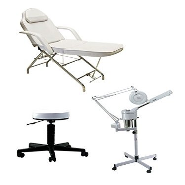 Buy-Rite Silver Facial Spa Package - 2-in-1 Ozone Facial Steamer & Magnifying Lamp, Stationary Facial Bed, White Round Stool - Professional Esthetician Equipment Set, BR-SILVERFACIALSPA