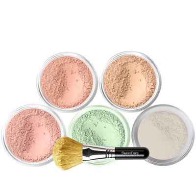5pc KIT w/FACE BRUSH (LIGHT TAN) Mineral Makeup Set Full Size Powder Bare Skin Matte Foundation