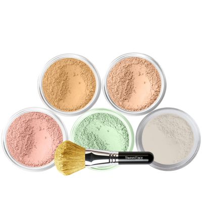 5pc KIT w/FACE BRUSH (BEIGE) Mineral Makeup Set Full Size Powder Bare Skin Matte Foundation