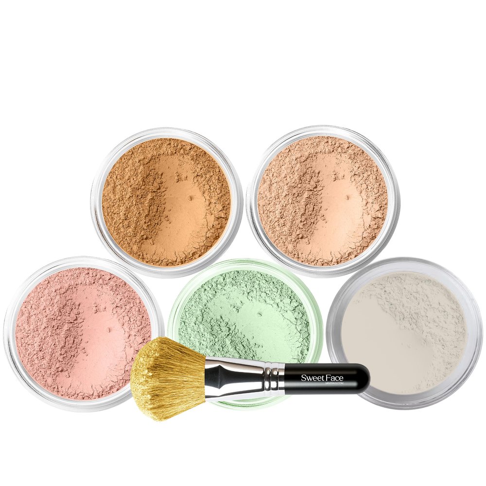 5pc KIT w/FACE BRUSH (DEEP TAN) Mineral Makeup Set Full Size Powder Bare Skin Matte Foundation
