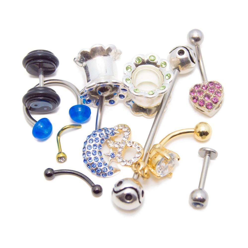 BodyJewelryOnline Randomly Picked Body Jewelry Pack [10 Pieces: Belly/Nose/Nipple/Tongue/Ear/Lip Rings], Mixed Styles/Designs, Plugs/Bars/Belly/Industrial/Acrylic/316L Surgical Steel Jewelry