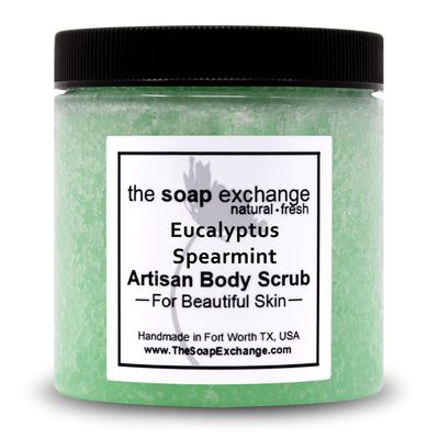 The Soap Exchange Sea Salt Body Scrub - Eucalyptus & Spearmint Scent - Hand Crafted 8 fl oz / 240 ml Natural Artisan Skin Care, Shea Butter, Exfoliate, Moisturize, & Protect. Made in the USA.