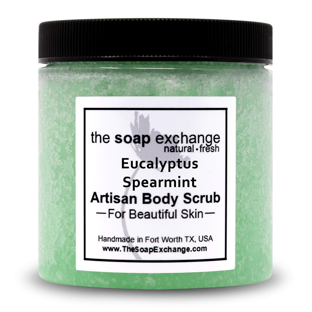The Soap Exchange Sea Salt Body Scrub - Eucalyptus & Spearmint Scent - Hand Crafted 8 fl oz / 240 ml Natural Artisan Skin Care, Shea Butter, Exfoliate, Moisturize, & Protect. Made in the USA.