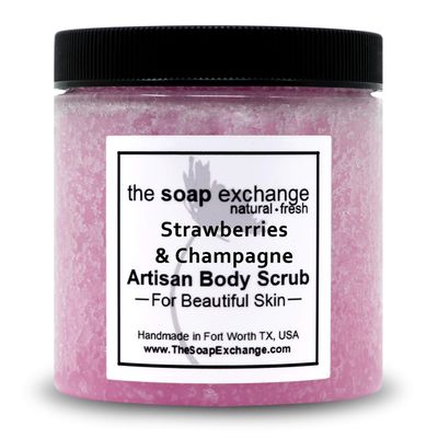 The Soap Exchange Sea Salt Body Scrub - Strawberries & Champagne Scent - Hand Crafted 8 fl oz / 240 ml Natural Artisan Skin Care, Shea Butter, Exfoliate, Moisturize, & Protect. Made in the USA.