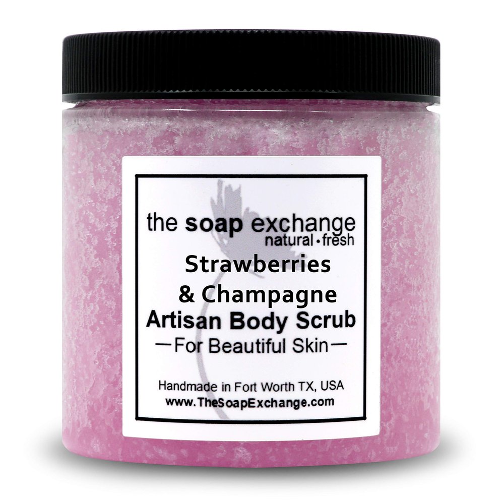 The Soap Exchange Sea Salt Body Scrub - Strawberries & Champagne Scent - Hand Crafted 8 fl oz / 240 ml Natural Artisan Skin Care, Shea Butter, Exfoliate, Moisturize, & Protect. Made in the USA.