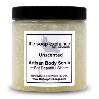 The Soap Exchange Sea Salt Body Scrub - Unscented Fragrance Free - Hand Crafted 8 fl oz / 240 ml Natural Artisan Skin Care, Shea Butter, Exfoliate, Moisturize, & Protect. Made in the USA.