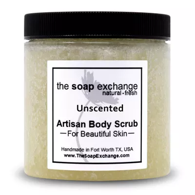 The Soap Exchange Sea Salt Body Scrub - Unscented Fragrance Free - Hand Crafted 8 fl oz / 240 ml Natural Artisan Skin Care, Shea Butter, Exfoliate, Moisturize, & Protect. Made in the USA.