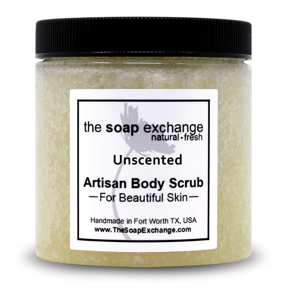 The Soap Exchange Sea Salt Body Scrub - Unscented Fragrance Free - Hand Crafted 8 fl oz / 240 ml Natural Artisan Skin Care, Shea Butter, Exfoliate, Moisturize, & Protect. Made in the USA.