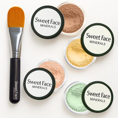 CONCEALER & CORRECTOR KIT with BRUSH (20 gram Sifter Jars) Mineral Makeup Set Bare Skin Matte Powder (Dark Shade Mineral Concealer, Pink Bisque Concealer, Green Corrector, Yellow Corrector)