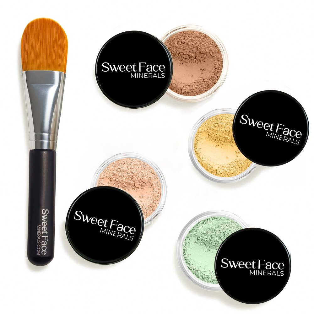 CONCEALER & CORRECTOR KIT with BRUSH (5 gram Sample Size Jars) Mineral Makeup Set Bare Skin Matte Powder (Dark Shade Mineral Concealer, Pink Bisque Concealer, Green Corrector, Yellow Corrector)
