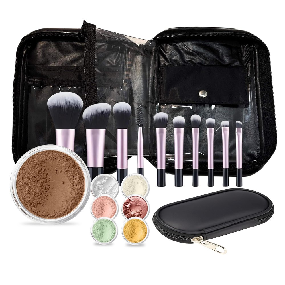 19 pc STARTER KIT w/BRUSHES & CASE (COCOA) Mineral Makeup Foundation Blush Bronzer Illuminating Veil Set Bare Skin Matte Powder
