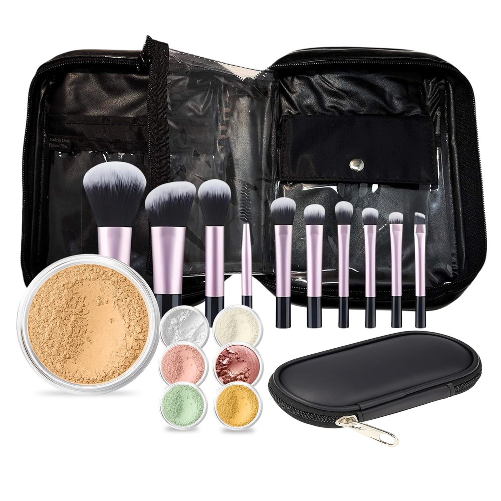 19 pc STARTER KIT w/BRUSHES & CASE (BEIGE) Mineral Makeup Foundation Blush Bronzer Illuminating Veil Set Bare Skin Matte Powder