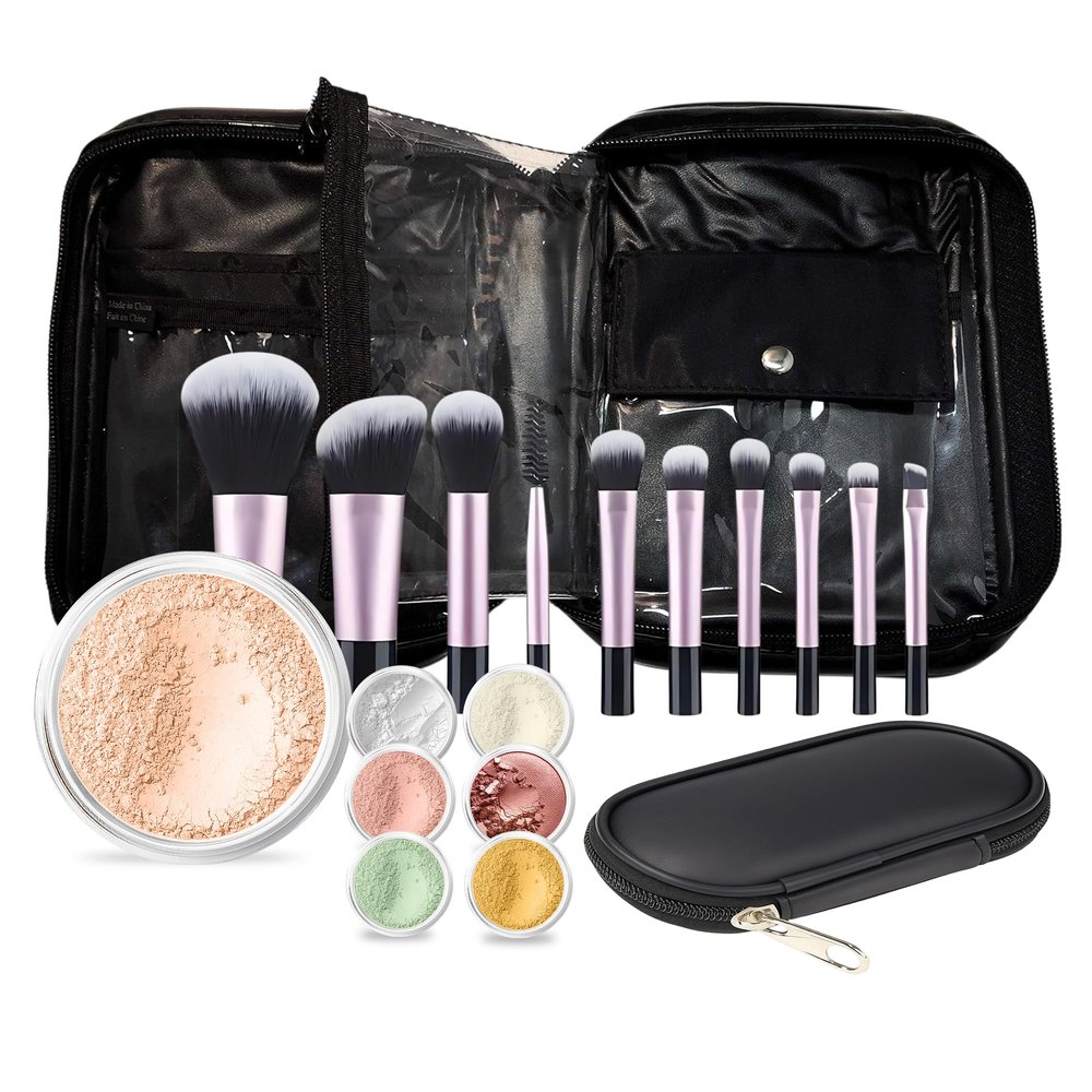 19 pc STARTER KIT w/BRUSHES & CASE (PINK BISQUE) Mineral Makeup Foundation Blush Bronzer Illuminating Veil Set Bare Skin Matte Powder