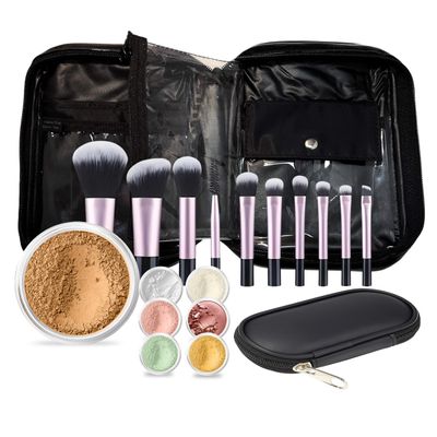 19 pc STARTER KIT w/BRUSHES & CASE (DEEP TAN) Mineral Makeup Foundation Blush Bronzer Illuminating Veil Set Bare Skin Matte Powder