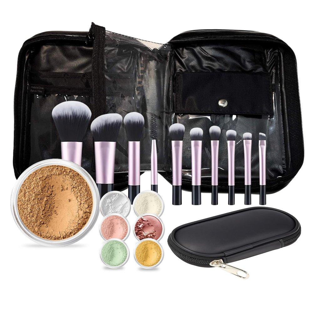 19 pc STARTER KIT w/BRUSHES & CASE (DEEP TAN) Mineral Makeup Foundation Blush Bronzer Illuminating Veil Set Bare Skin Matte Powder
