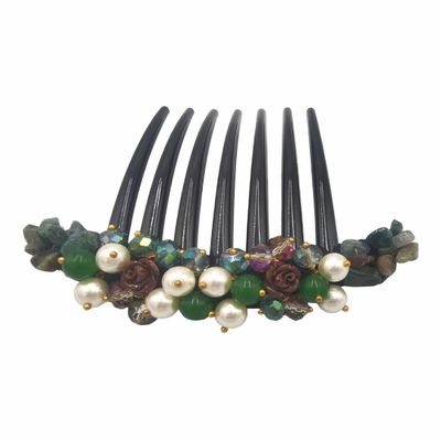 Side Comb Hair Accessories French twist hair comb Ornamented along the top of the heading with Pearl & Stone (Green)