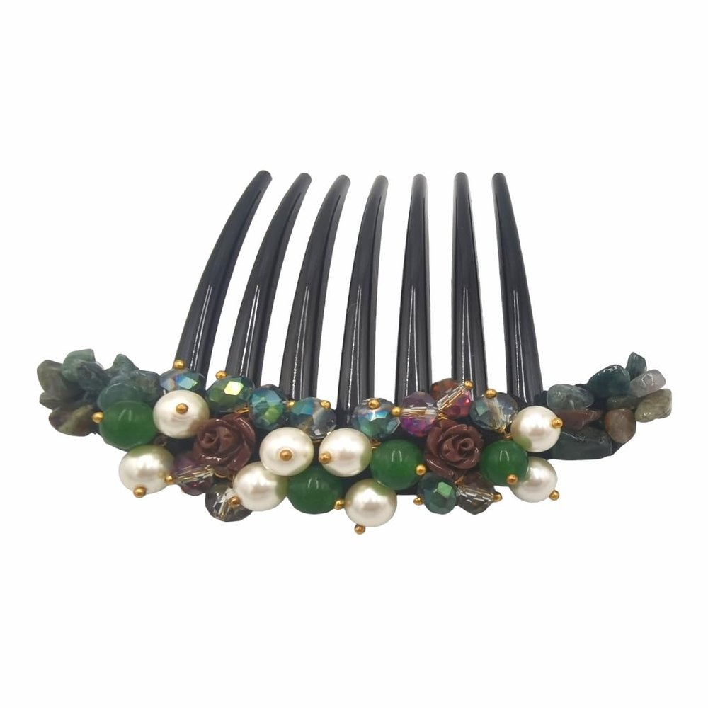 Side Comb Hair Accessories French twist hair comb Ornamented along the top of the heading with Pearl & Stone (Green)