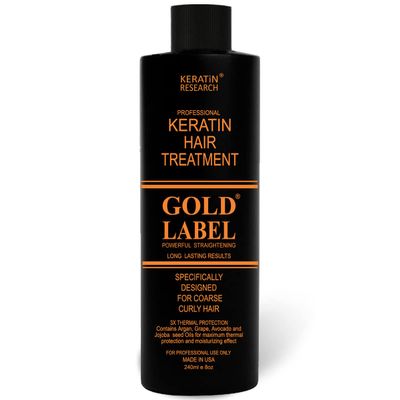 Gold Label Brazilian Keratin Hair Treatment Straightening works on All Hair Types Incl Coarse Thick Dry Frizzy Curly Bleached Dominican Brazilian Indian Strong formula Hair 240ml
