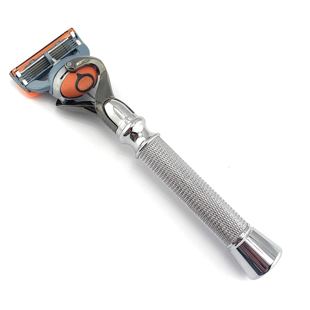 Flex Ball Handle Shaving Razor  All Chrome Long Handle Razor with Flex Pivot Technology & Diamond Knurled Grip for Mens Precision Shaving