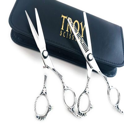 5.5" Professional Barber Razor Edge Silver Titanium Coated Hair Cutting and Texturizing Shears Scissors Student Teacher Kit Set+case Blac