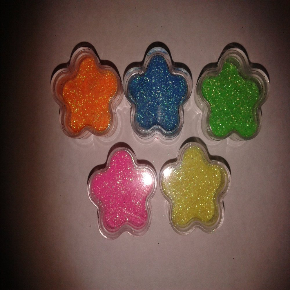 5 x 2 gram neon Color Glitter Flower Jars for Glitter Tattoos Pink Blue Green Yellow Orange